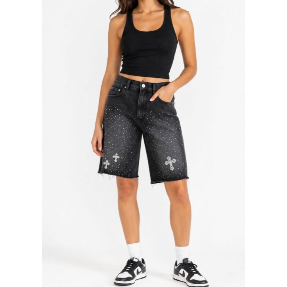 Maison Article Rhinestone Cross Denim Shorts Women’s Medium Black NWT Jean Short